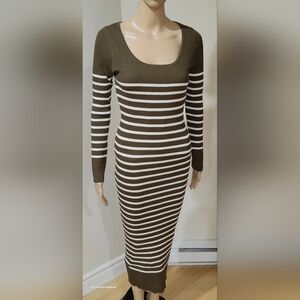 Elegant Olive and White Striped Long Sleeve Dress